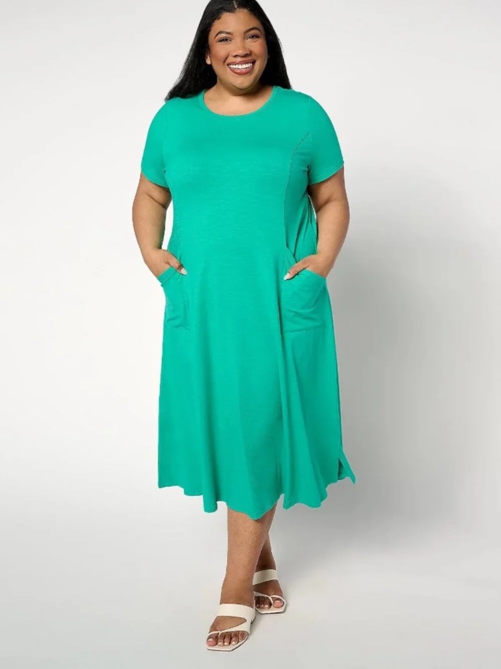 Joan Rivers Kelly Green Short Sleeve Slub Knit Midi Dress Size MP